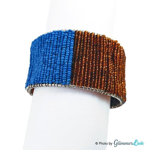 Brown & Royal Blue Wire Wrapped Beaded Bangle - Picture 3 of 8